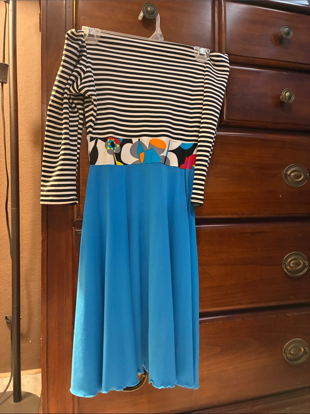 Girls' Black & White Stripe Dress with Bright Blue Skirt